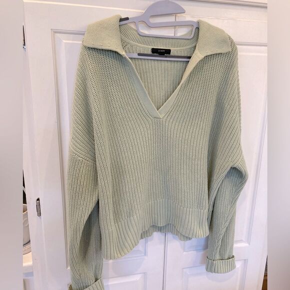 J. Crew 100% Cotton Sweater light Green Ribbed Deep V Collared Polo XL - Picture 2 of 8